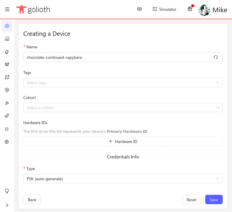 Golioth console device creation dialog